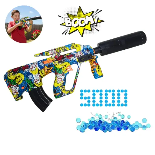 PISTOLA HIDROGEL AUG RGB LANZA HUMO GRAFFITI AMARILLO